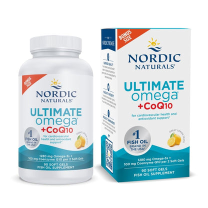 Nordic Naturals Ultimate Omega + CoQ10, Lemon Flavor - 120 Count | 1280mg Omega-3 + 100mg CoQ10 for heart health & cellular energy. Antioxidant. Non-GMO soft gels. 60 servings.