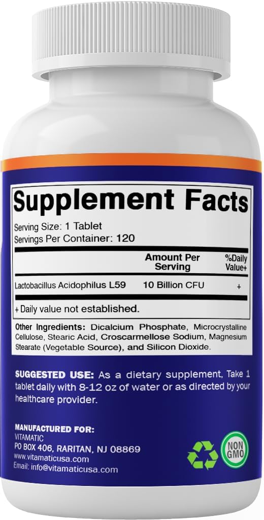 Vitamatic Acidophilus Probiotic - 10 Billion CFU - 5X Potency - Daily Probiotic Supplement, Supports Digestive Health - 120 Tablets