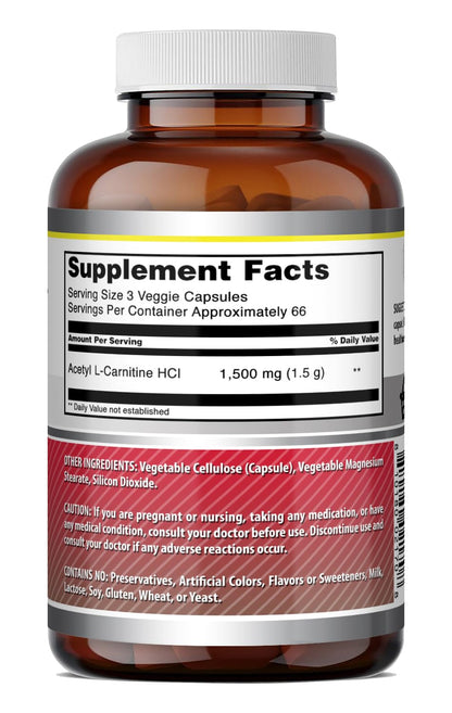 Amazing Formulas Acetyl L-Carnitine | 1500 per Serving Supplement | Vegetarian Capsules | Non-GMO | Gluten-Free | Made in USA (1 Pack | 120 Count)