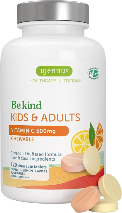 Igennus Vitamin C Chewable 250-500mg Gentle & Buffered for Kids & Adults | Optimized Absorption with Sodium Ascorbate & Ascorbic Acid, Sugar Free Natural Orange & Lemon Flavors, 120–240 Servings