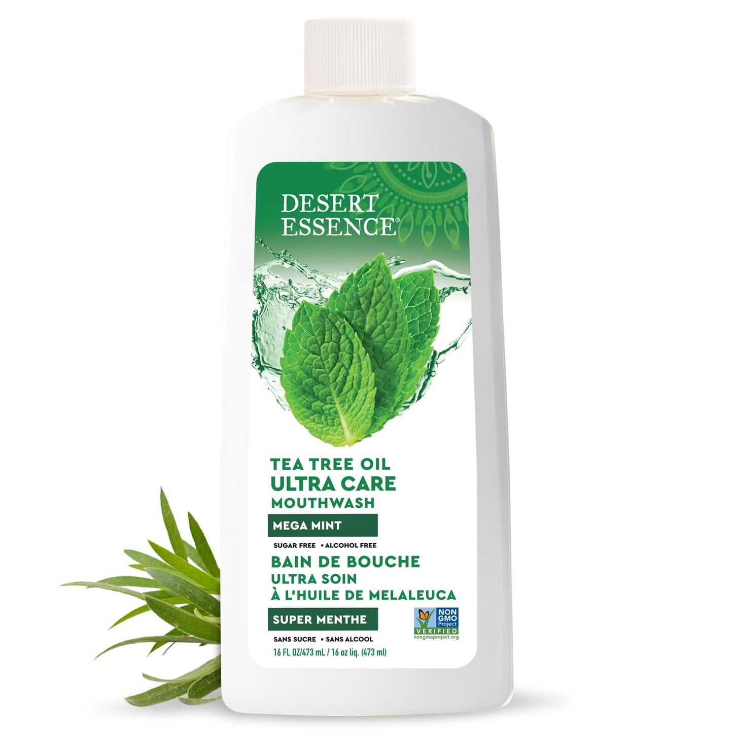 Desert Essence Natural Tea Tree Oil Ultra Care Mouthwash - Mega Mint - 16 Fl Oz - Freshens Breath - Defends Against Sugar Acids - Vitamin C - Soothes Gums - Whitening Floss - Removes Food Debris