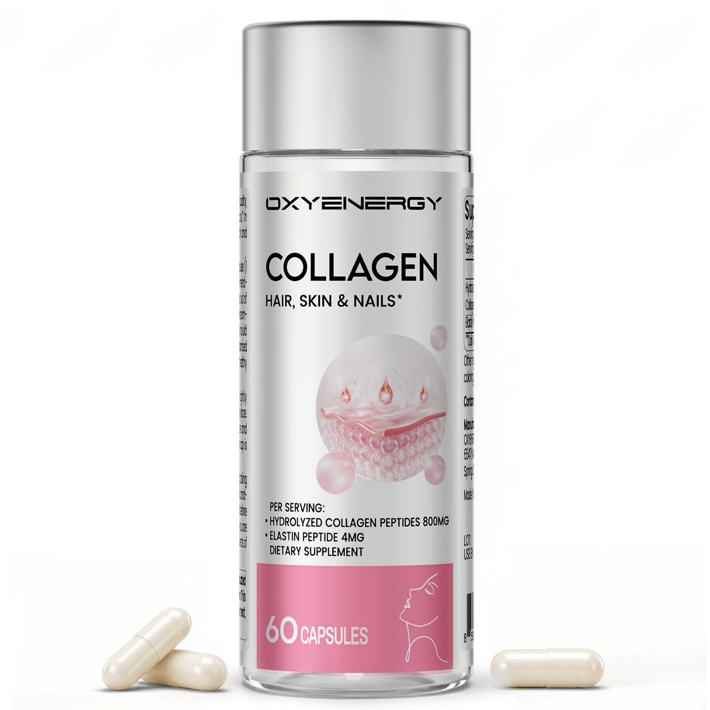OxyEnergy Collagen Peptides Capsules for Women, Hydrolyzed Collagen Supplements with Elastin Peptides, 60 Collagen Pills to Promotes Hair, Nail, Skin, Capsulas