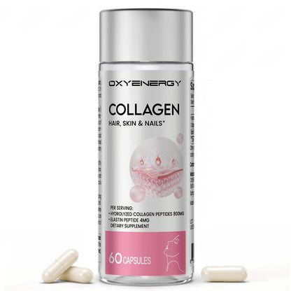 OxyEnergy Collagen Peptides Capsules for Women, Hydrolyzed Collagen Supplements with Elastin Peptides, 60 Collagen Pills to Promotes Hair, Nail, Skin, Capsulas