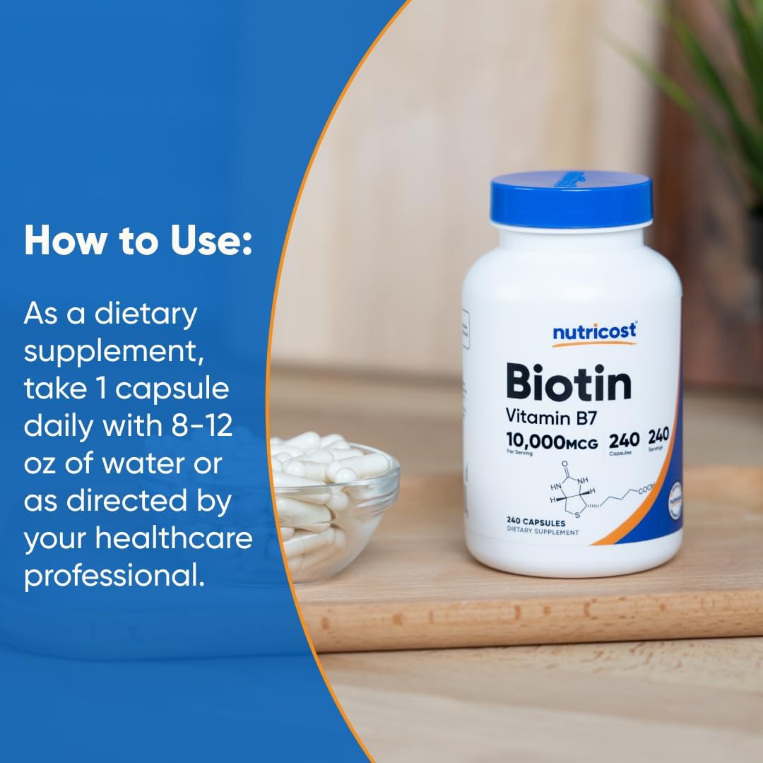 Nutricost Biotin (Vitamin B7) 10,000mcg (10mg) Vitamin Supplement, 240 Capsules - Vegetarian, Gluten Free, Quick Release, Non-GMO