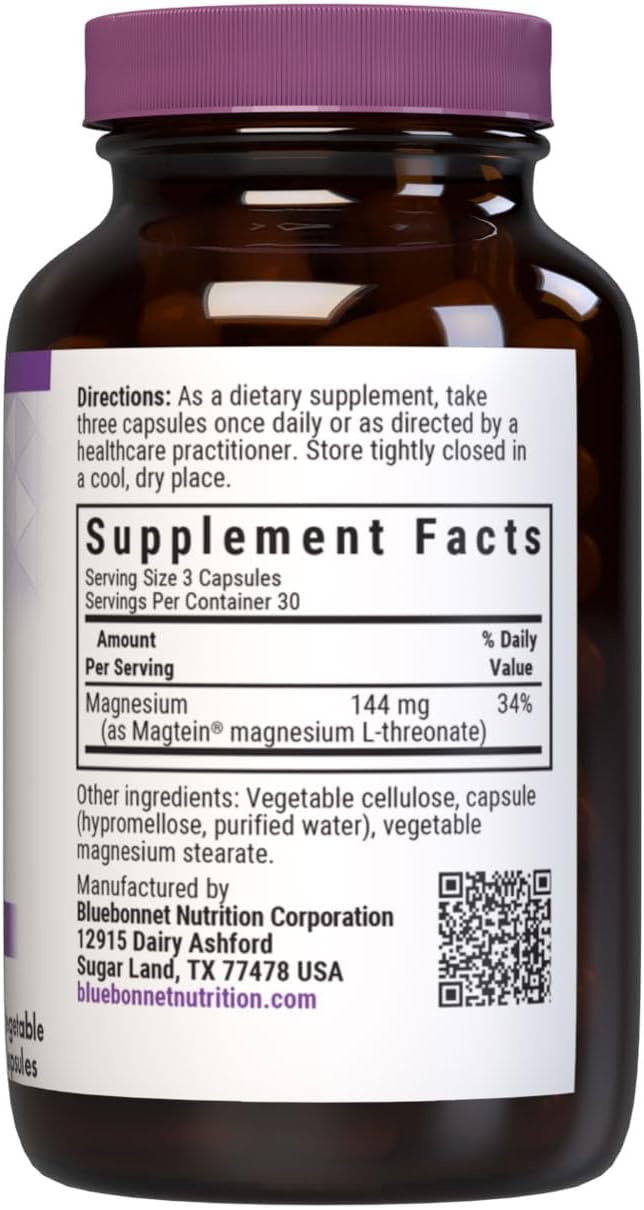 Bluebonnet Nutrition Magtein Magnesium L-Threonate, Brain Health*, Non-GMO, Vegan, Kosher Certified, Gluten-Free, Soy-Free, 90 Vegetable Capsules, 30 Servings