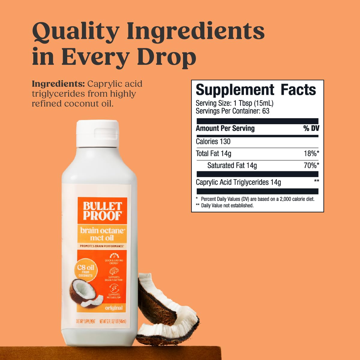 Bulletproof Brain Octane C8 MCT Oil, 16 oz – 100% Pure Coconut Oil, Triple-Distilled Keto Energy Supplement for Coffee & Smoothies, Unflavored, No Additives or Fillers, Non-GMO