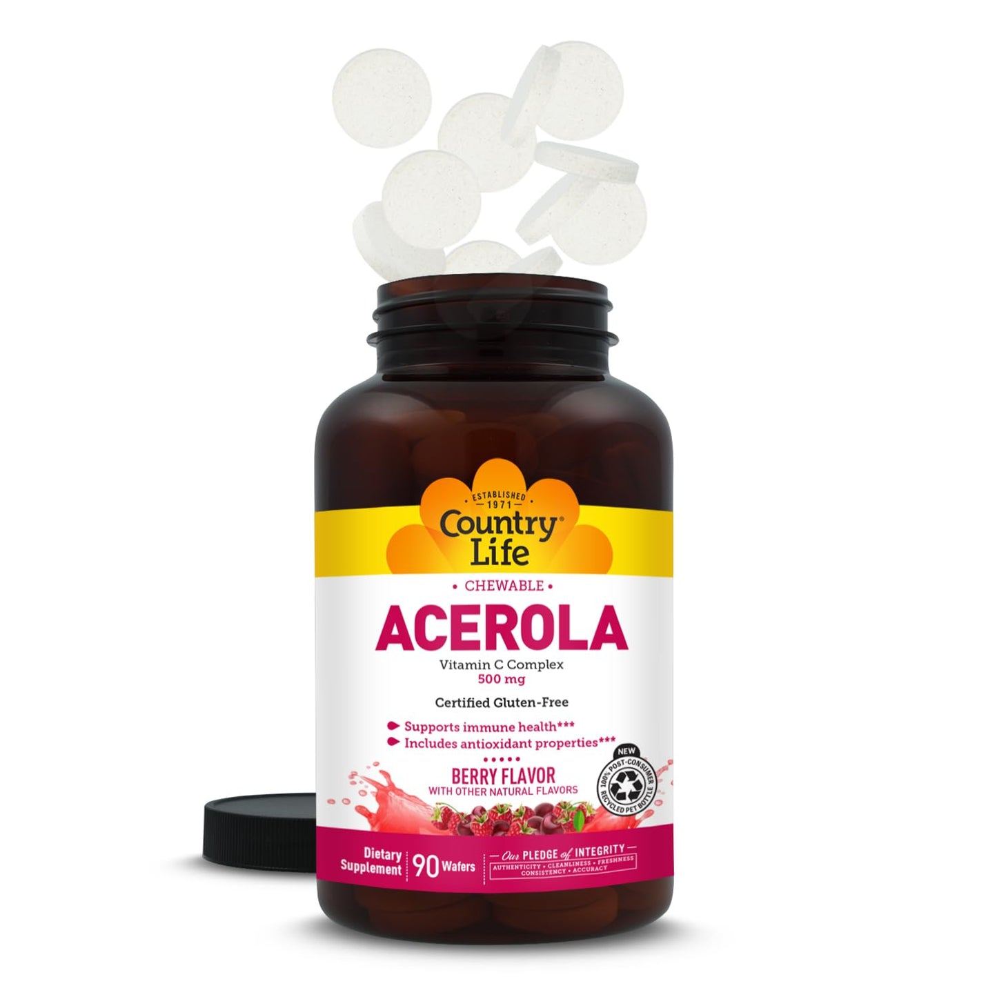 Country Life Acerola Vitamin C Complex, 500mg, Chewable Berry Flavored Wafers, Supports Immune Health, 180 Wafers, Certified Gluten Free by GFCO , Certified Vegan by AVA