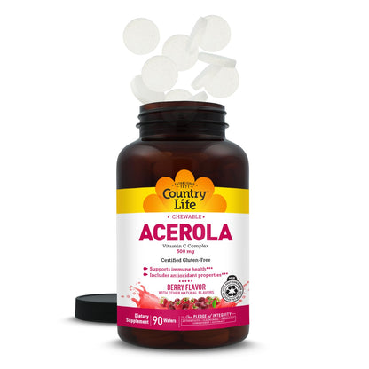 Country Life Acerola Vitamin C Complex, 500mg, Chewable Berry Flavored Wafers, Supports Immune Health, 180 Wafers, Certified Gluten Free by GFCO , Certified Vegan by AVA