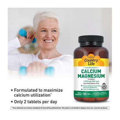 Country Life Target-Mins Calcium Magnesium Supplement for Bone Health, 1000mg Calcium, 500mg Magnesium, Gluten Free, 2:1 Ratio for Optimal Utilization