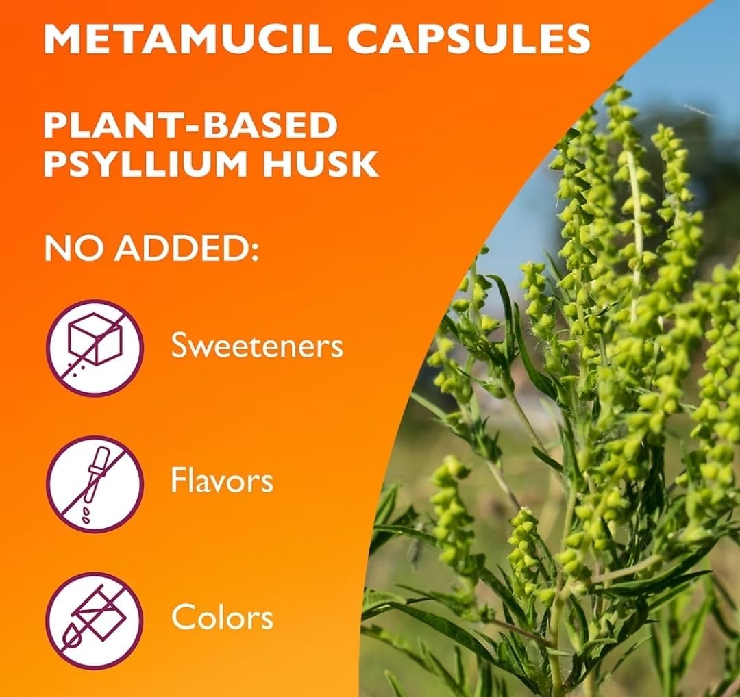 Metamucil 3-in-1 Fiber Capsules, Daily Psyllium Husk Fiber Supplement for Digestive Health, Plant Based Fiber Supplement, 340 Capsules (Pack of 1)