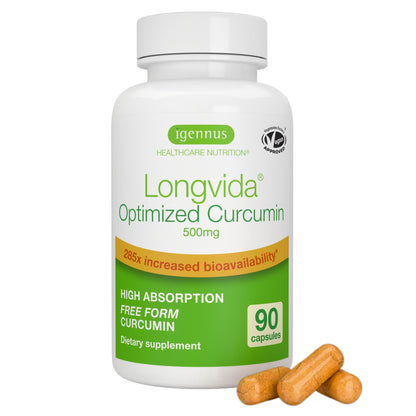 Igennus Longvida Curcumin 500mg – High Absorption ‘Free’ Curcumin, 65x Higher Plasma Levels, Sustained Release (7hr Half-Life), Brain & Cognitive Support, Vegan, 30 Capsules