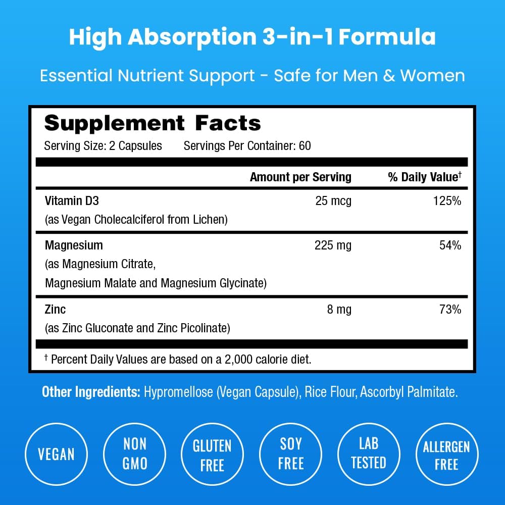 Magnesium Zinc & Vitamin D3 Supplement - Most Bioavailable Forms; Magnesium Glycinate, Malate, Citrate - Bone, Muscle & Heart Health, Immune Support - 120 Vegan Capsules