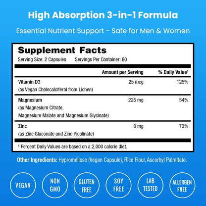 Magnesium Zinc & Vitamin D3 Supplement - Most Bioavailable Forms; Magnesium Glycinate, Malate, Citrate - Bone, Muscle & Heart Health, Immune Support - 120 Vegan Capsules