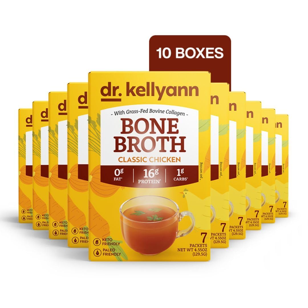 Dr. Kellyann 21-Day Bone Broth Bundle - 10 Boxes Classic Chicken Flavor Bone Broth Powder Packets (70 servings)