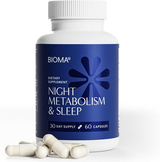BIOMA Night Metabolism & Sleep - Supports Digestion, Energy Metabolism & Restful Sleep with Melatonin, Vitamin D, Magnesium & More - 60 Capsules (30-Day Supply)