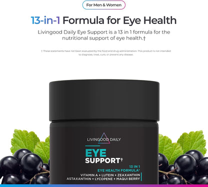 Livingood Daily Eye Support, 13-in-1 Vision Supplement with Lutein, Zeaxanthin, Astaxanthin, Vitamin A, Lycopene, Maqui Berry & More, Promotes Healthy Eyes, Blue Light Protection, Vegan, 60 Capsules