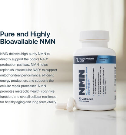 Transparent Labs NMN Supplement for NAD+ Levels - NAD Supplement with 600 mg Nicotinamide Mononucleotide to Support Healthy Aging, Cellular Energy Production, & Metabolic Balance - 30 Count