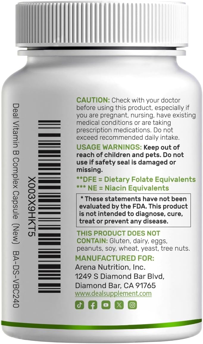 Bioactive Vitamin B Complex for Men & Women, 240 Veggie Capsules - Methylated B Complex & Esterified Vitamin C – High Potency & Easy Absorption – Immune, Energy & Metabolism Supplement – Non-GMO