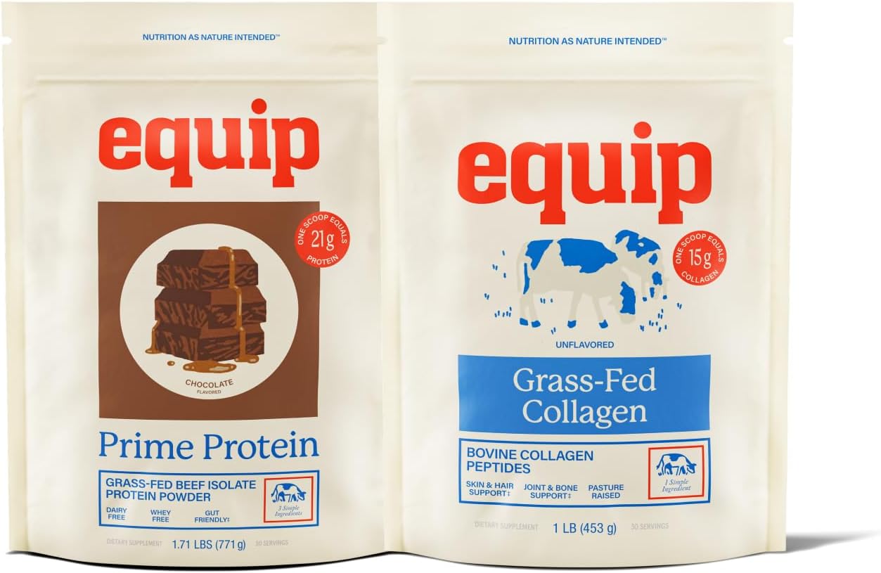 Equip Foods Prime Protein Powder Chocolate & Grass Fed Collagen Powder Unflavored
