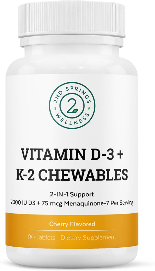 Vitamin D3 + K2 Chewables, Cherry Flavored | 2000 IU Vitamin D, MK7 K2 (Menaquinone-7), Tablets, For Adults and Kids