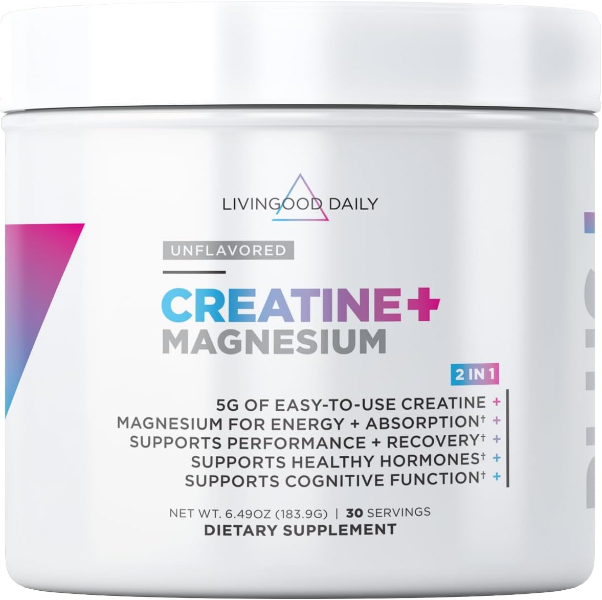 Livingood Daily Creatine + Magnesium Powder, Unflavored | 5g Micronized Creatine Monohydrate with Magnesium for Energy, Muscle Recovery & Performance | 30 Servings