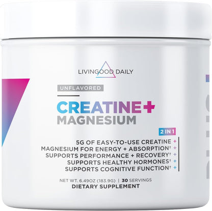 Livingood Daily Creatine + Magnesium Powder, Unflavored | 5g Micronized Creatine Monohydrate with Magnesium for Energy, Muscle Recovery & Performance | 30 Servings