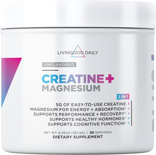 Livingood Daily Creatine + Magnesium Powder, Unflavored | 5g Micronized Creatine Monohydrate with Magnesium for Energy, Muscle Recovery & Performance | 30 Servings