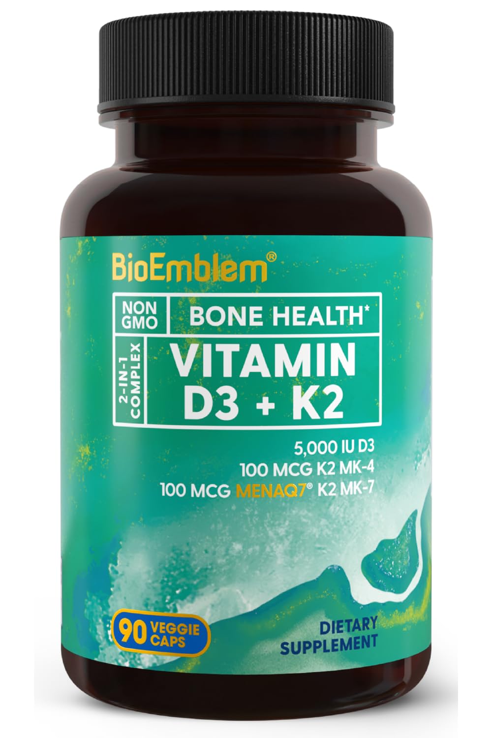 BioEmblem Vitamin D3 K2 Capsules (5000IU and 200mcg) - Patented MK7 and MK4 for 3-in-1 Complex Support - Vegetarian Vitamin D K2 Supplement for Teeth, Heart, Immune System - Non-GMO, 90 Caps | 3-In-1 Complex With Patented MenaQ7 for Calcium, Bone, Teeth,