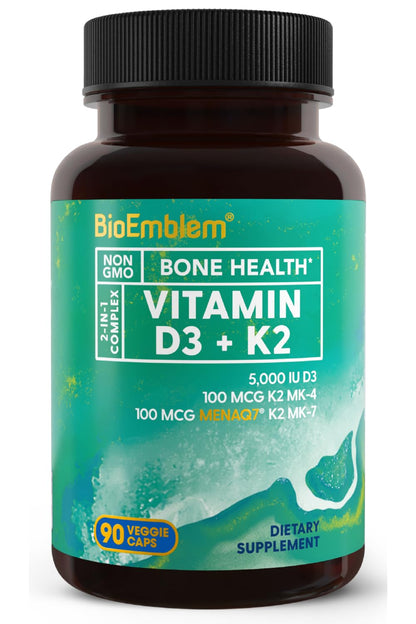 BioEmblem Vitamin D3 K2 Capsules (5000IU and 200mcg) - Patented MK7 and MK4 for 3-in-1 Complex Support - Vegetarian Vitamin D K2 Supplement for Teeth, Heart, Immune System - Non-GMO, 90 Caps | 3-In-1 Complex With Patented MenaQ7 for Calcium, Bone, Teeth,