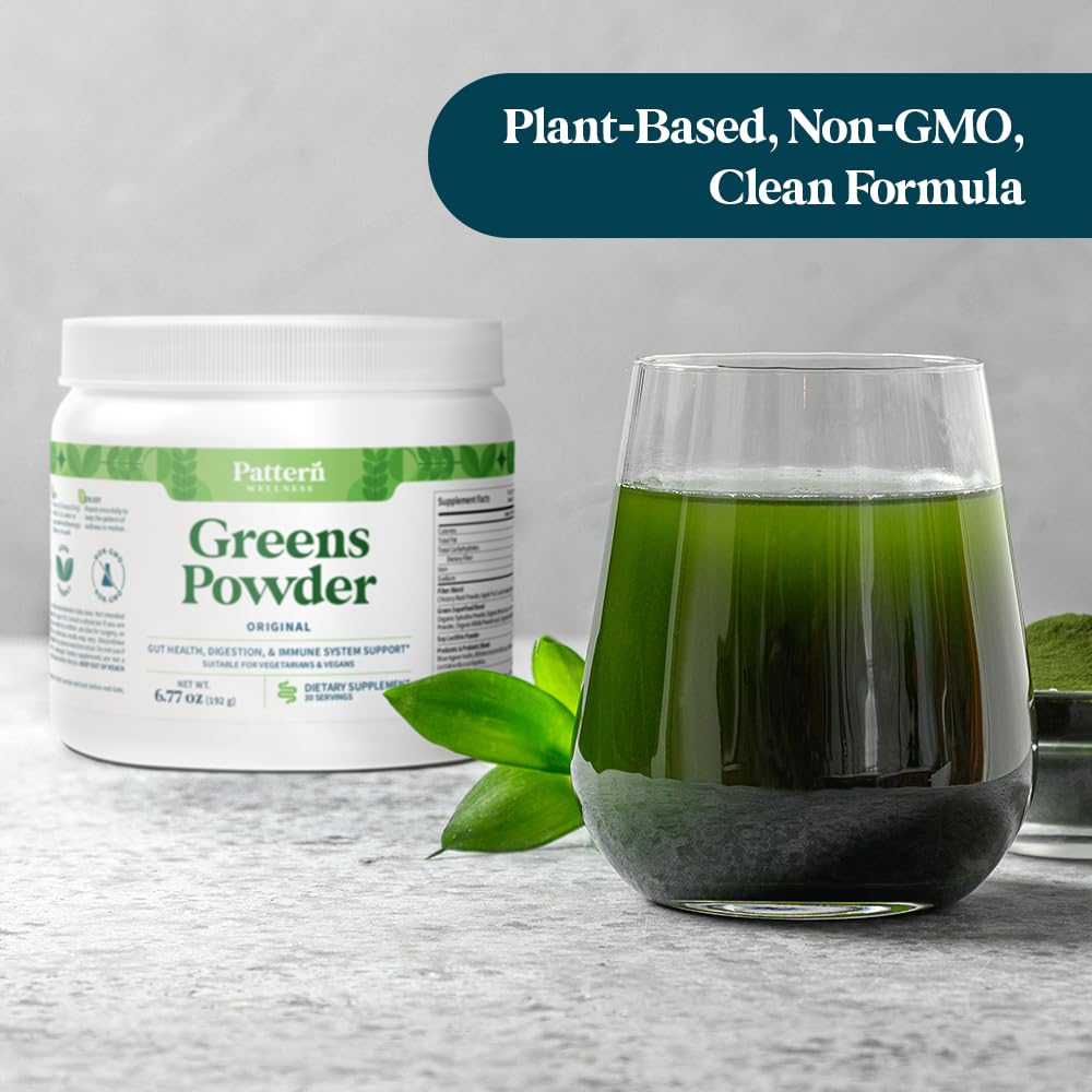 Pattern Wellness Greens Powder Superfood – with Antioxidant, Digestive Enzyme, Fiber, Probiotic & Adaptogen Blends – Digestion, Immunity & Energy Production – 30 Servings – Original Flavor – (6.77 oz)