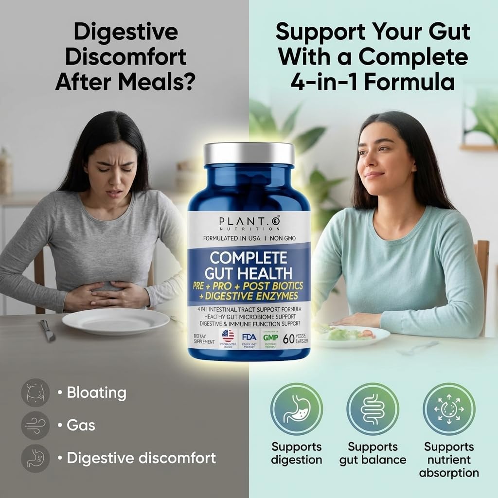 4-in-1 Gut Health Support – Prebiotics + Probiotics + Postbiotics + Digestive Enzymes for Women and Men – DE111 Spore Probiotic for Digestive Support & Bloating – Non-GMO – 60 Veggie Capsules