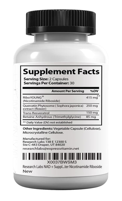 Research Labs NAD+ Supplement 2 for 1 Ad. Proprietary Formula w/Patent Pending RiboYOUNG™. NRF2 Activator, Nicotinamide Riboside, Quercetin, Resveratrol, Betaine. True NAD Supplement Anti Aging…