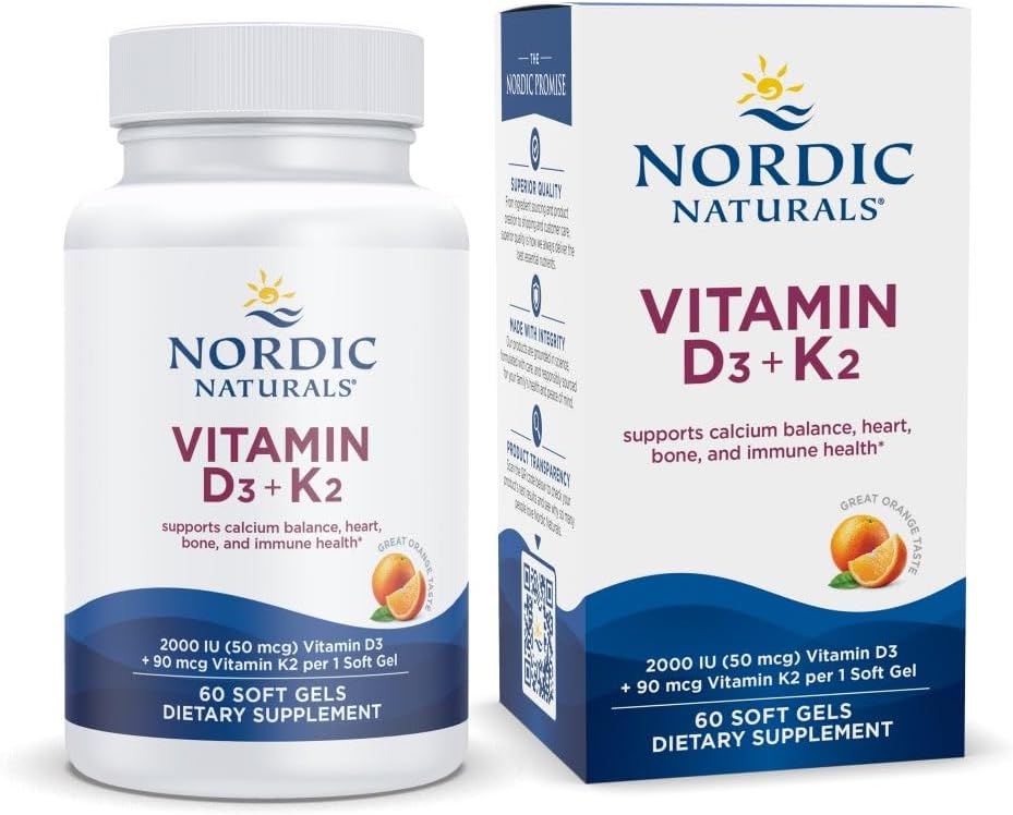 Nordic Naturals Vitamin D3 + K2, 2000 IU D3, Orange - 60 Softgels | Bone Health. Immune Support. Calcium Balance. Synergistic D3 + K2. Non-GMO. Plant-Based K2 MK-7. Orange Flavor Softgels.