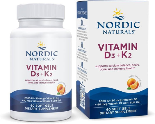 Nordic Naturals Vitamin D3 + K2, 2000 IU D3, Orange - 60 Softgels | Bone Health. Immune Support. Calcium Balance. Synergistic D3 + K2. Non-GMO. Plant-Based K2 MK-7. Orange Flavor Softgels.