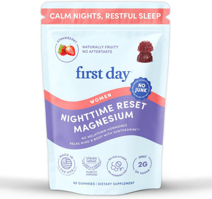 FIRST DAY Magnesium Gummies for Women, L-Theanine, Melatonin-Free, 60ct | Vegan strawberry Magnesium for Women, citrate, L-theanine and Zembrin; melatonin-free nighttime relaxation support.