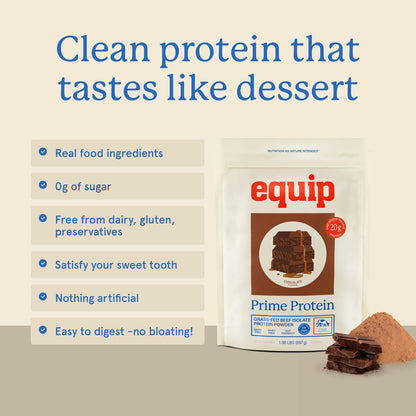 Equip Prime Chocolate Protein Powder - Gut-Friendly, No Sugar Protein Shake Powder with Grass-Fed Beef & Natural Collagen - Rich & Creamy Mix - 21g Per Serving - Whey & Dairy-Free (30 Scoops)