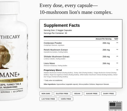 Lions Mane 10x Mushroom Complex 10 in 1, Cordyceps Reishi Shiitake Chaga Maitake Turkey Tail, Brain Focus & Immune Support, 60 Veggie Capsules