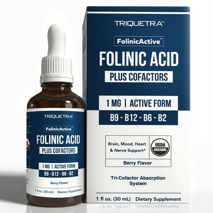 FolinicActive™ Organic Folinic Acid Liquid Drops for Brain, Heart, Nerve & Mood Support - 1700 mcg with B12, B6 & Riboflavin B2 - Tri-Cofactor Absorption System -Berry Flavor Drops, 1fl oz-60 Servings