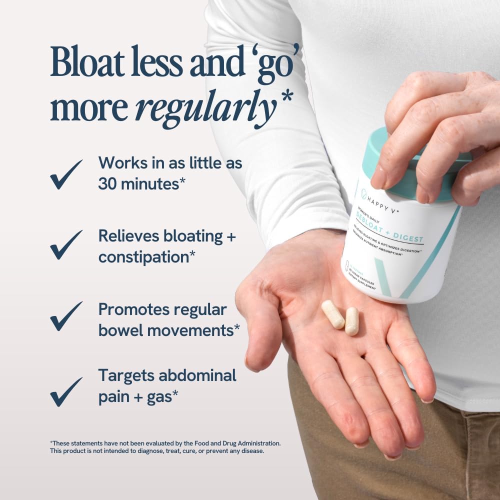 Happy v Debloat + Digest – Digestive Enzymes for Women to Support Bloating, Gas, Constipation, Gut Health, and Nutrient Absorption – Stomach Comfort & Digestion Support Supplement – 60 Vegan Capsules
