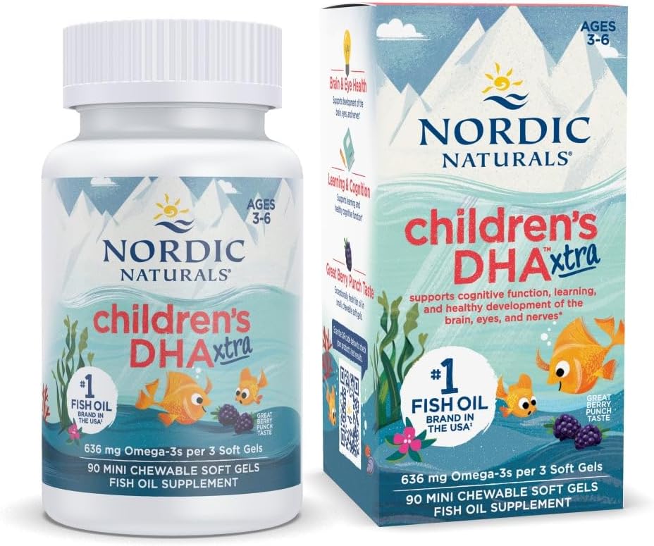 Nordic Naturals Children’s DHA Xtra, Berry Punch - 90 Mini Chewable Soft Gels for Kids - 636 mg Omega-3s EPA & DHA - Cognitive & Immune Function, Learning, Social Development - Non-GMO - 30 Servings | Mini chewable soft gels with delicious berry punch fla