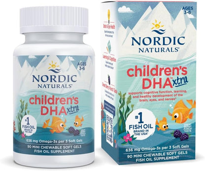 Nordic Naturals Children’s DHA Xtra, Berry Punch - 90 Mini Chewable Soft Gels for Kids - 636 mg Omega-3s EPA & DHA - Cognitive & Immune Function, Learning, Social Development - Non-GMO - 30 Servings | Mini chewable soft gels with delicious berry punch fla