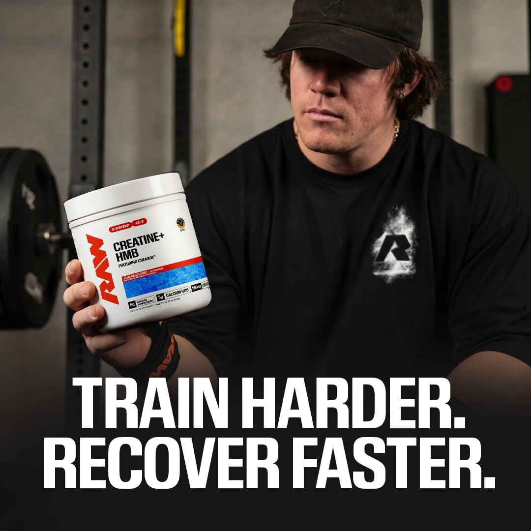 RAW Creatine Plus HMB, Champion Mentality, Creatine HMB Powder - Creatine Monohydrate Powder with 3G HMB, Taurine & No Added Sugar, Muscle Mass Growth, Strength Building & Enhanced Energy, 30 Servings