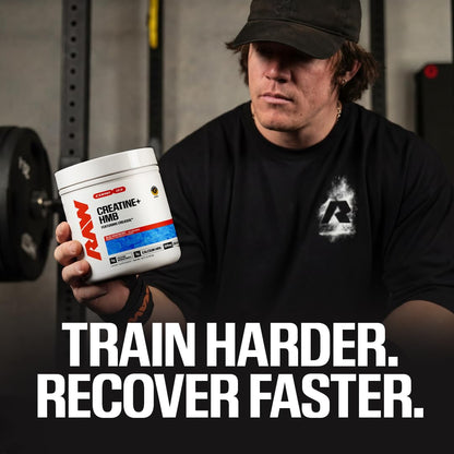 RAW Creatine Plus HMB, Champion Mentality, Creatine HMB Powder - Creatine Monohydrate Powder with 3G HMB, Taurine & No Added Sugar, Muscle Mass Growth, Strength Building & Enhanced Energy, 30 Servings