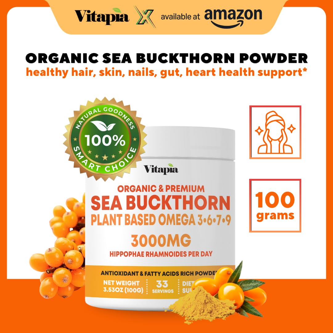Omega 7 Sea Buckthorn Berry Oil 1000mg for Hair, Skin, Nails, Heart Health Support - 34% Palmitoleic Acid & Natural Omega 3 6 9 Fatty Acids Supplement - 120 Capsules, Non-GMO, Gluten-Free
