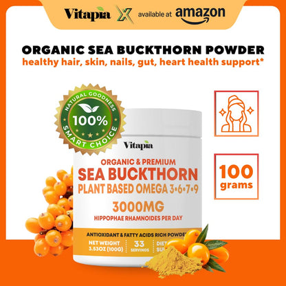 Omega 7 Sea Buckthorn Berry Oil 1000mg for Hair, Skin, Nails, Heart Health Support - 34% Palmitoleic Acid & Natural Omega 3 6 9 Fatty Acids Supplement - 120 Capsules, Non-GMO, Gluten-Free