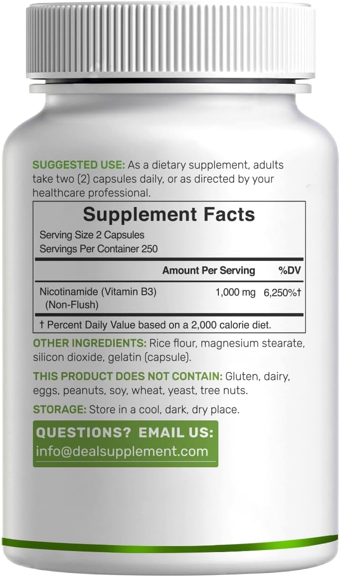 Vitamin B3 Nicotinamide 1,000mg Per Serving – 500 Capsules, Flush Free Niacin, Essential B3 – Supports Healthy Skin & Energy Production – Non-GMO