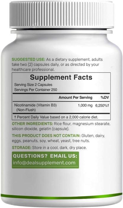 Vitamin B3 Nicotinamide 1,000mg Per Serving – 500 Capsules, Flush Free Niacin, Essential B3 – Supports Healthy Skin & Energy Production – Non-GMO