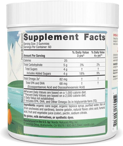 Nordic Naturals Omega-3 Gummies for Kids & Adults, Tangerine - 120 Count | 82 mg total omega-3s w/ EPA & DHA per serving supports heart, brain, & eye health. Tangerine flavor gummies, non-GMO formula