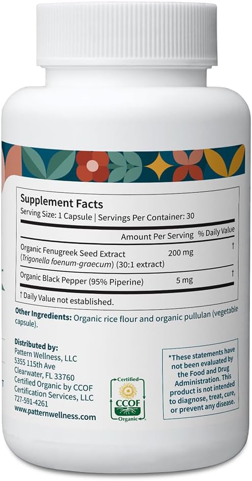 Pattern Wellness Organic Fenugreek Capsules – 30:1 Fenugreek Seed Extract with Black Pepper – Metabolic & Digestive Support Supplement – Vegan, Non-GMO – 30 Capsules