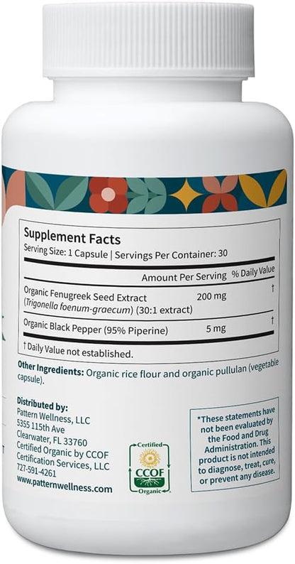 Pattern Wellness Organic Fenugreek Capsules – 30:1 Fenugreek Seed Extract with Black Pepper – Metabolic & Digestive Support Supplement – Vegan, Non-GMO – 30 Capsules